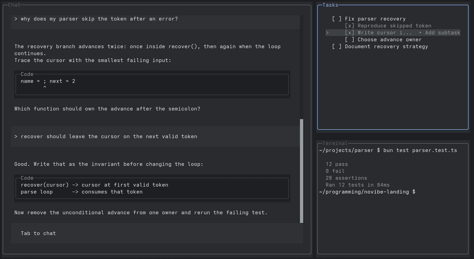 Novibe running in a terminal: a chat pane where it traces a parser bug and asks which function should own the cursor advance, a task list, and a pane showing a passing test run